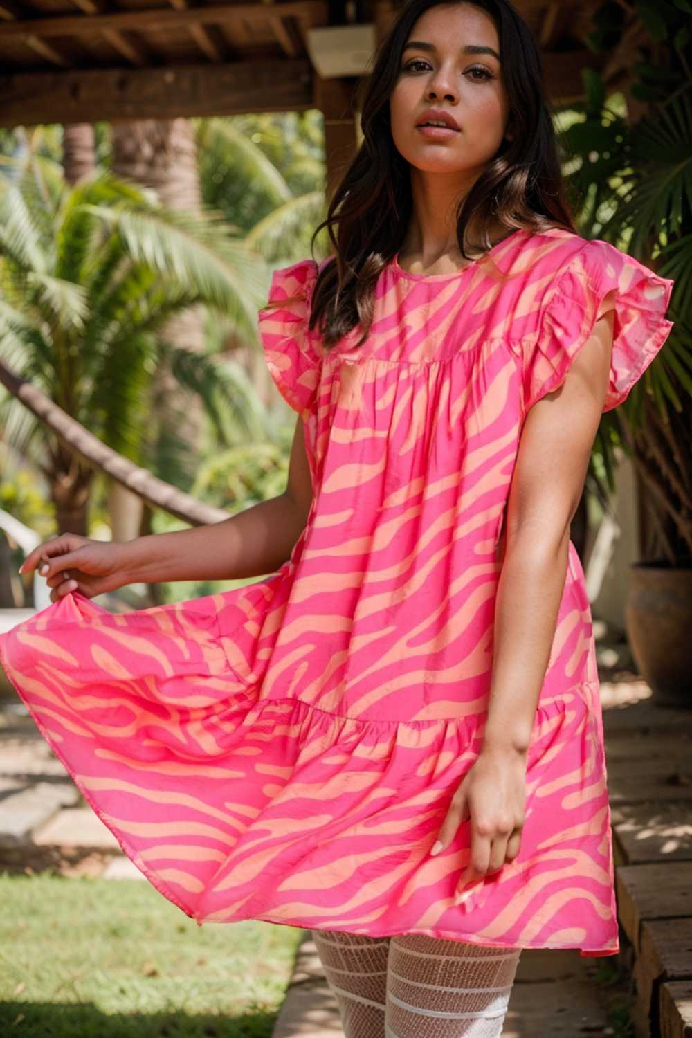 sloping shoulder ruffle print dress 107572