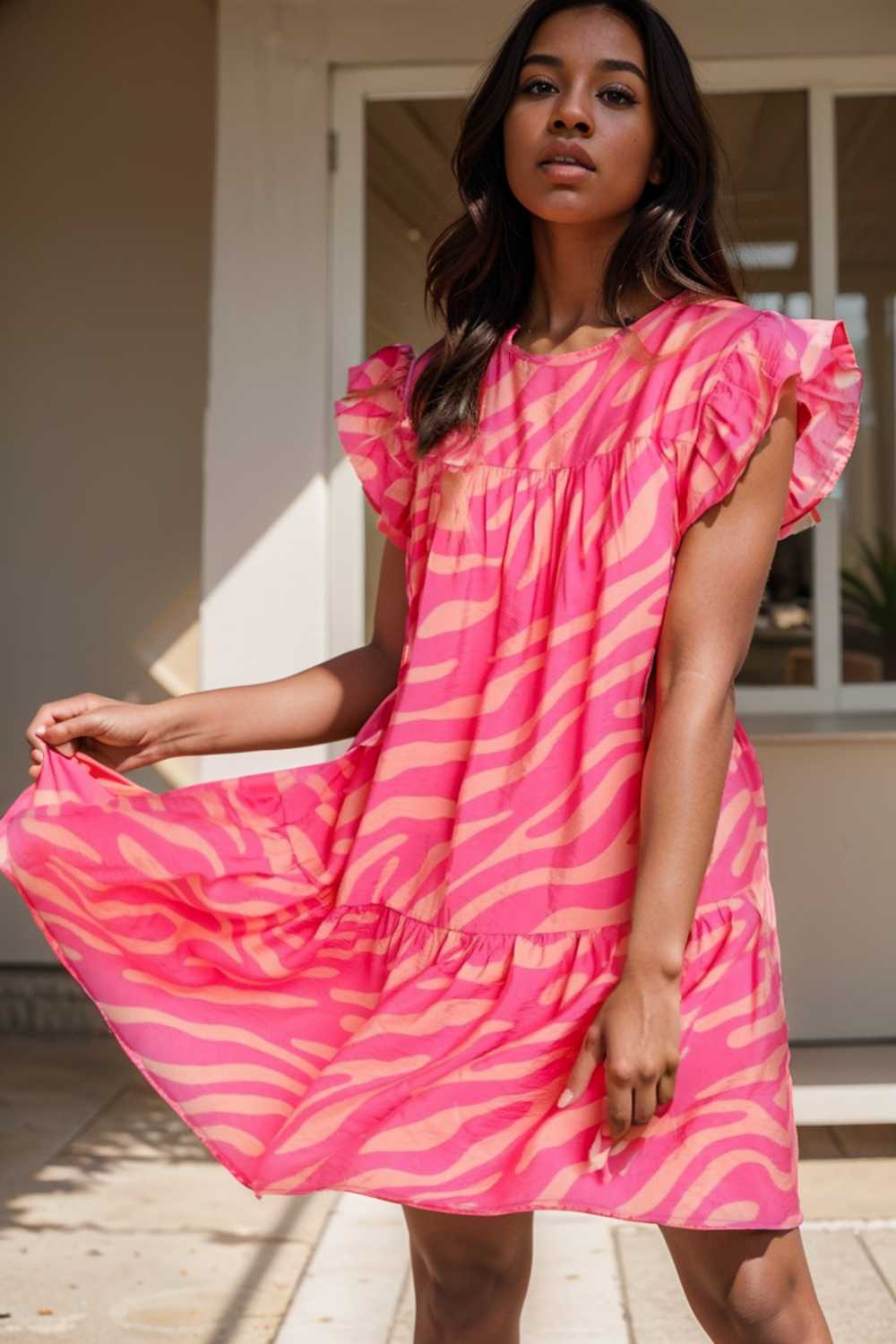 sloping shoulder ruffle print dress 107571