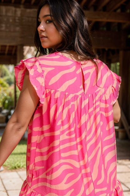 sloping shoulder ruffle print dress 107566