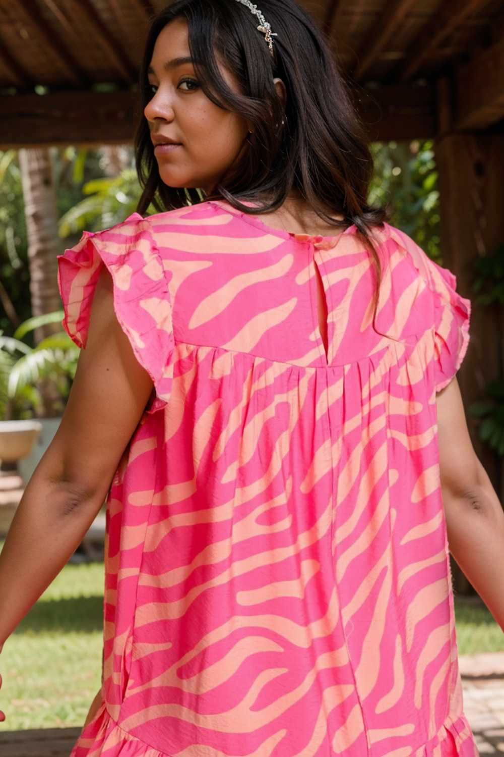 sloping shoulder ruffle print dress 108490