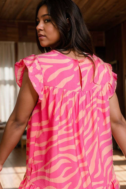 sloping shoulder ruffle print dress 107564