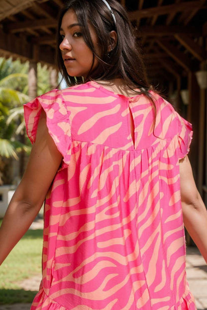 sloping shoulder ruffle print dress 107560