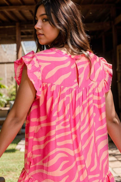 sloping shoulder ruffle print dress 107554