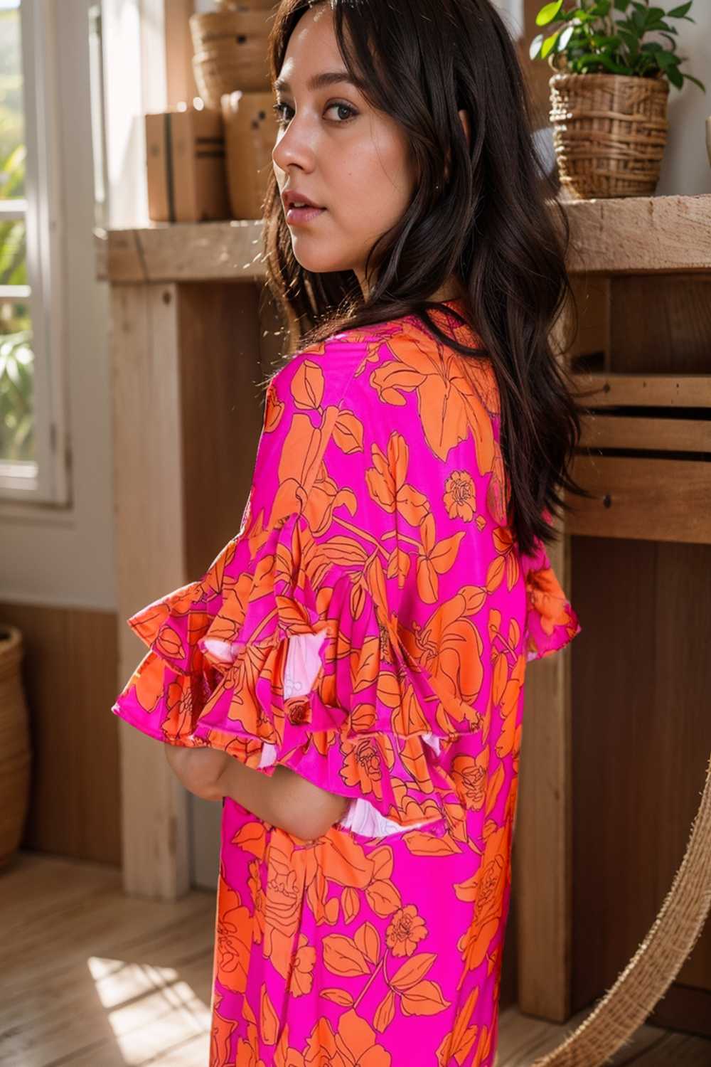 sloping shoulder ruffle print dress 108489