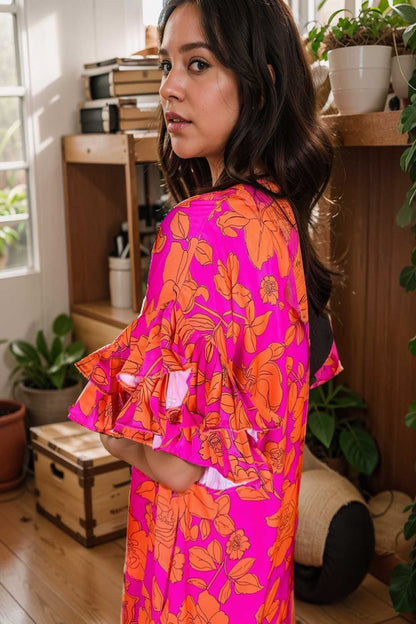 sloping shoulder ruffle print dress 107549