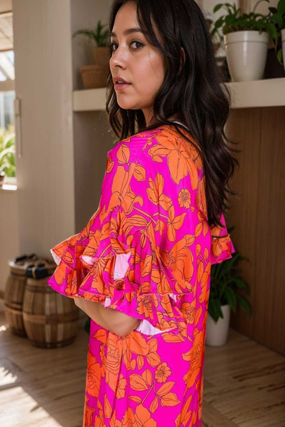 sloping shoulder ruffle print dress 108488