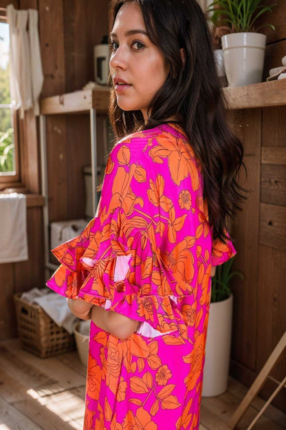 sloping shoulder ruffle print dress 107540