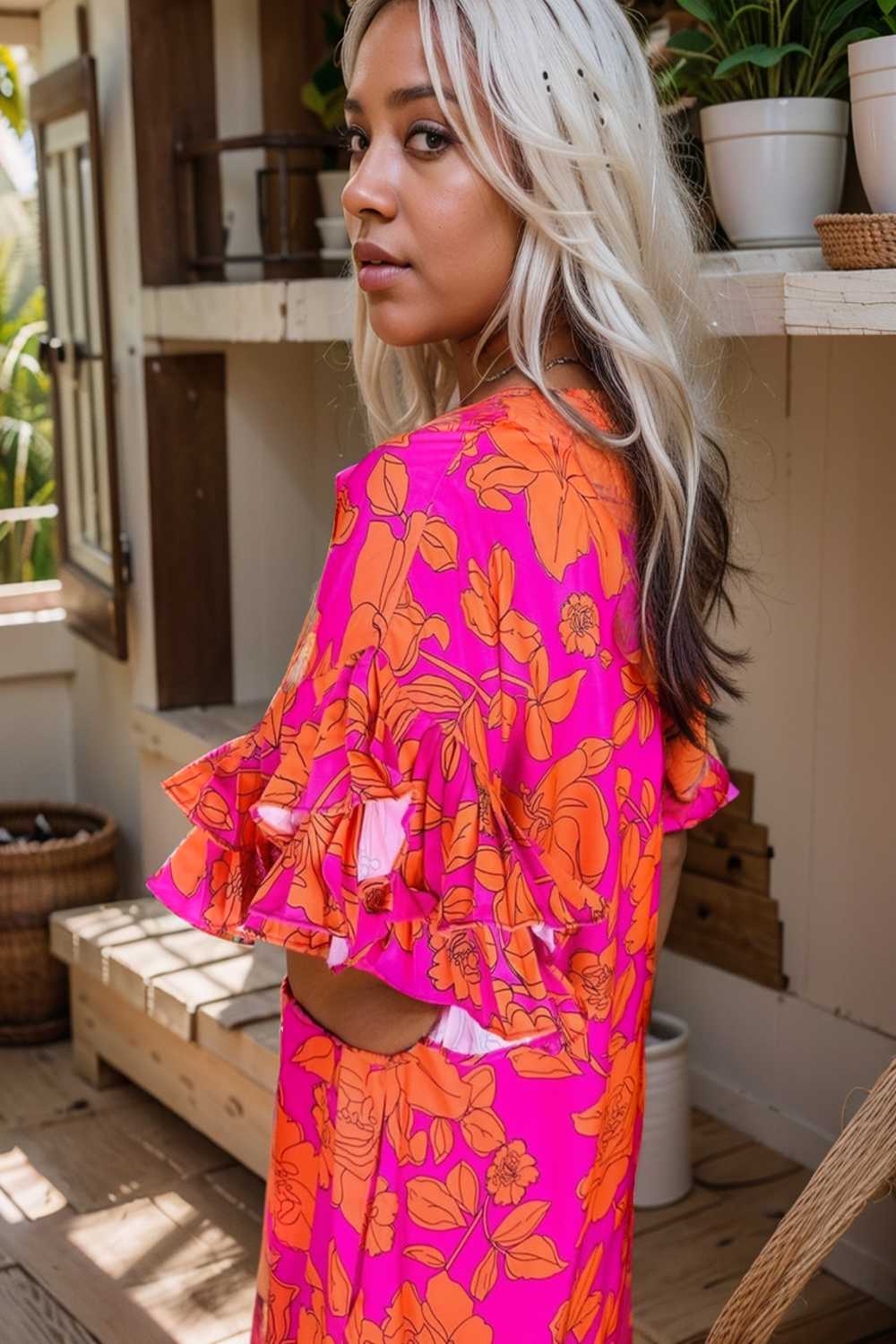sloping shoulder ruffle print dress 107535