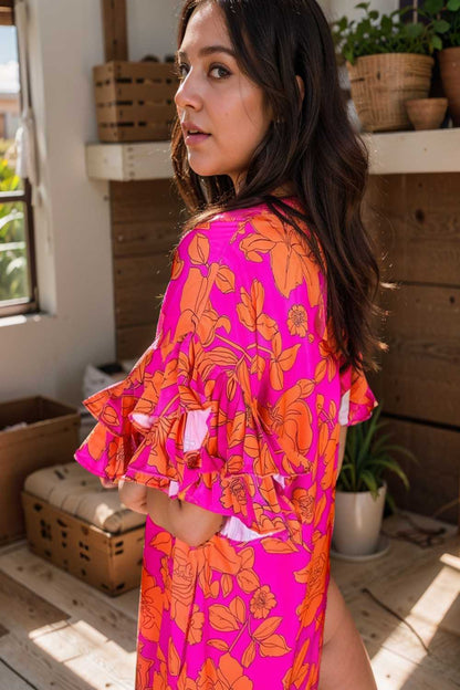 sloping shoulder ruffle print dress 107533