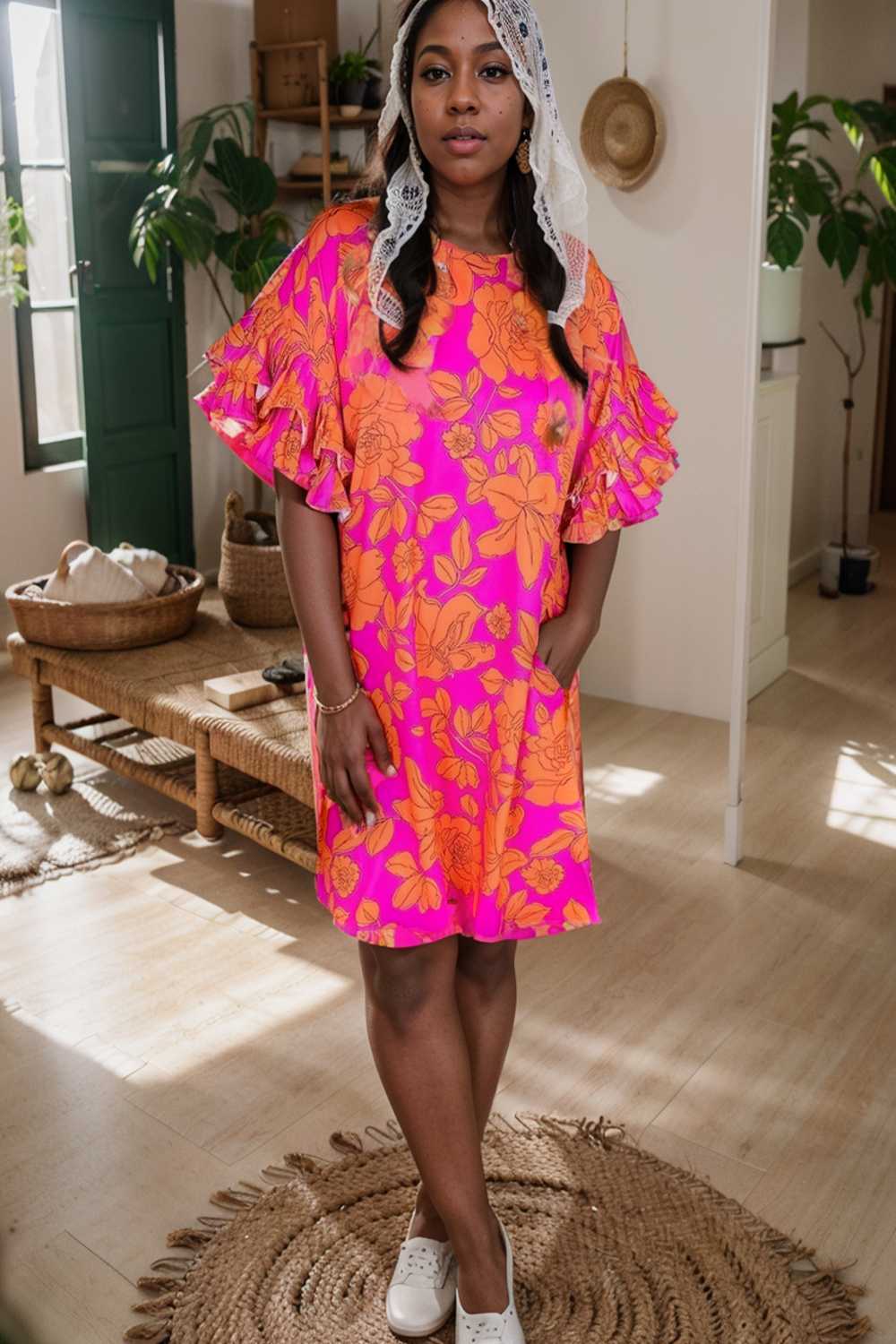 sloping shoulder ruffle print dress 108113
