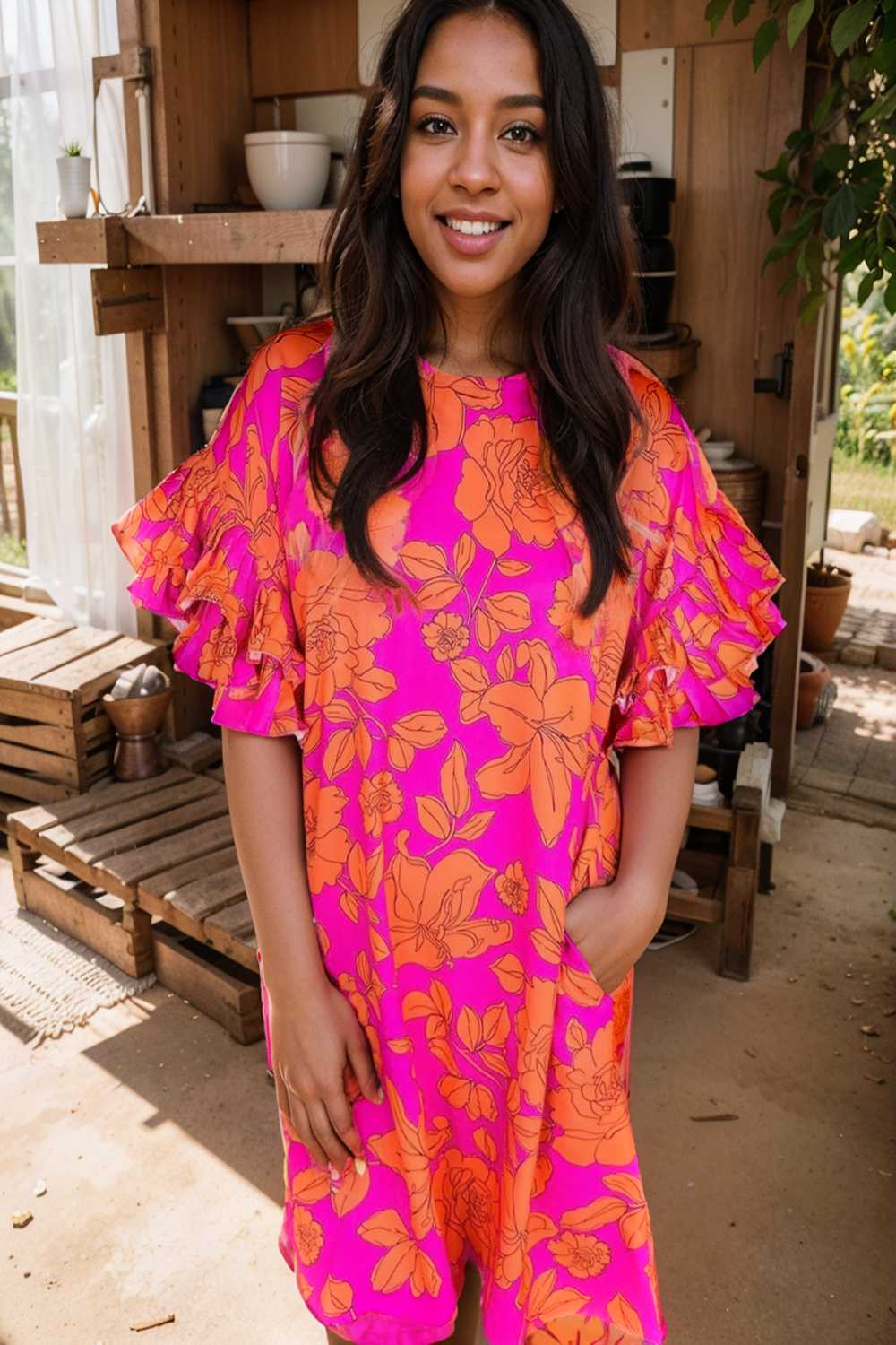 sloping shoulder ruffle print dress 108484