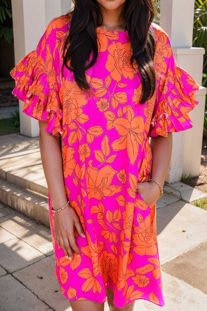 sloping shoulder ruffle print dress 107944