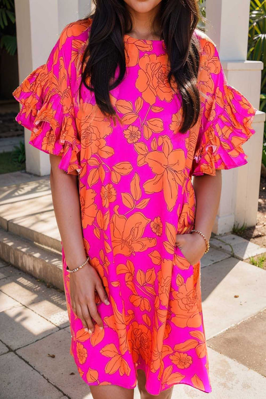sloping shoulder ruffle print dress 107944