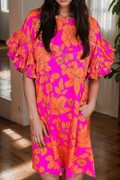 sloping shoulder ruffle print dress 112290
