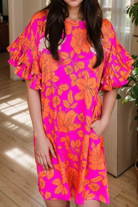 sloping shoulder ruffle print dress 108483
