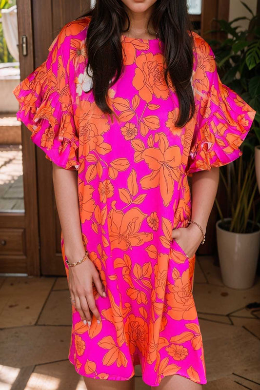 sloping shoulder ruffle print dress 104886