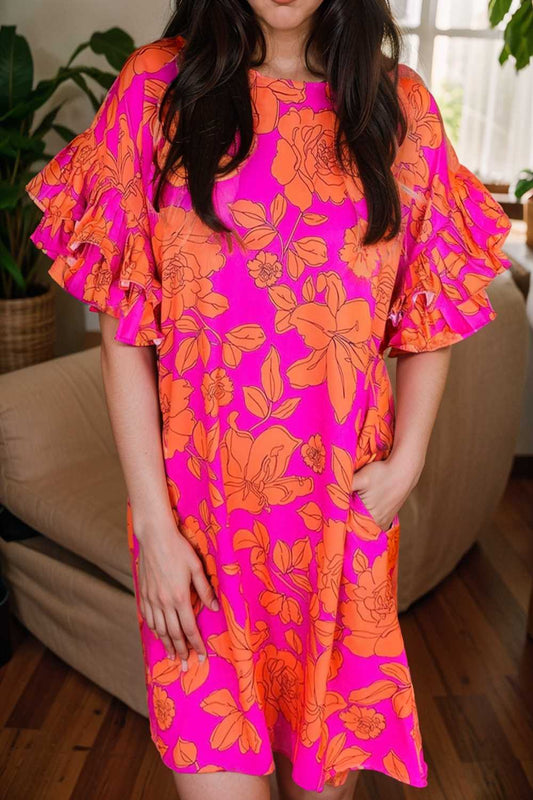 sloping shoulder ruffle print dress 112630