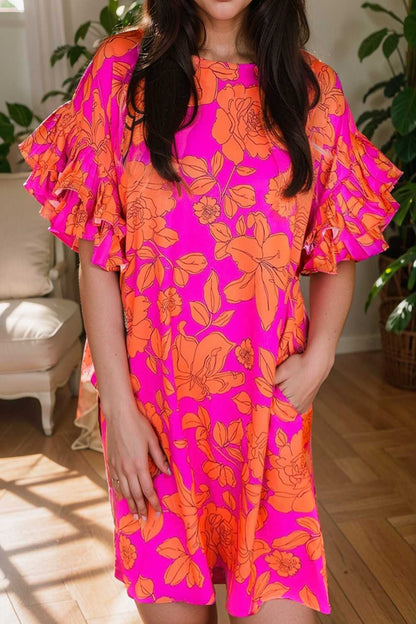 sloping shoulder ruffle print dress 112282