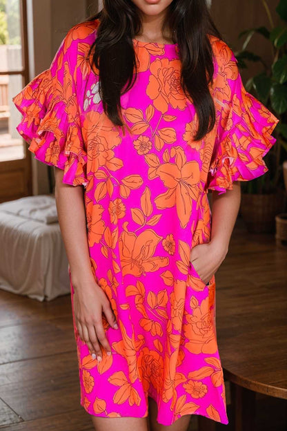 sloping shoulder ruffle print dress 112281