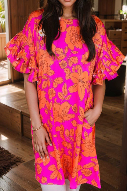 sloping shoulder ruffle print dress 112272