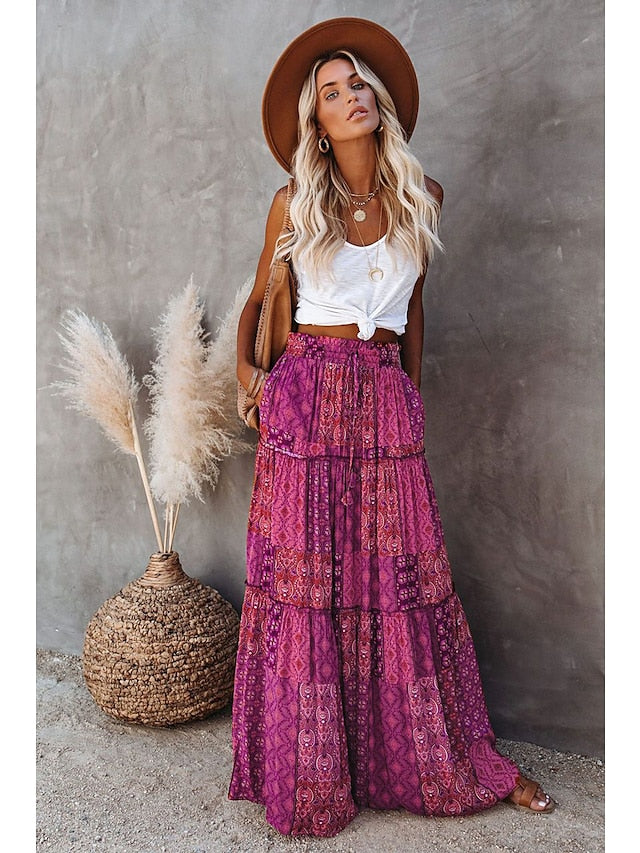 Women's Skirt Swing Long Skirt Maxi Polyester Black Yellow Purple Orange Skirts Spring & Summer Drawstring Print Vintage Boho Causal Vacation S M L - LuckyFash™