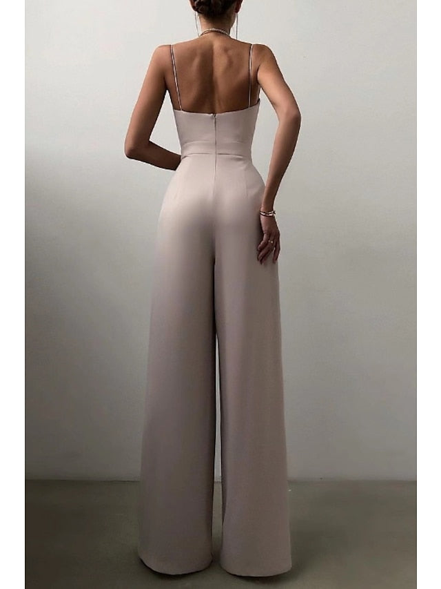 Women's Summer V Neck Spaghetti Straps  Elegant Wedding Party Jumpsuit High Waist Wide Leg Pleated Long Pants Casual Rompers with Pockets - LuckyFash™