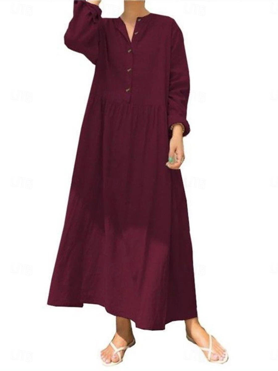 Women's Shirt Dress Casual Dress Cotton Linen Dress Maxi long Dress Button Basic Daily Split Neck Long Sleeve Summer Spring Black Wine Plain