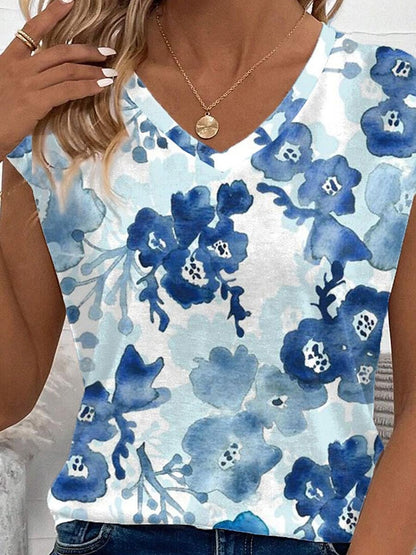 Women's T shirt Tee Casual Holiday Print Blue Short Sleeve Print V Neck Summer