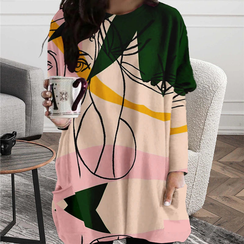 Women‘s Plus Size Curve T Shirt Dress Tee Dress Abstract Crew Neck Print Long Sleeve Winter Fall Casual Daily Vacation Dress