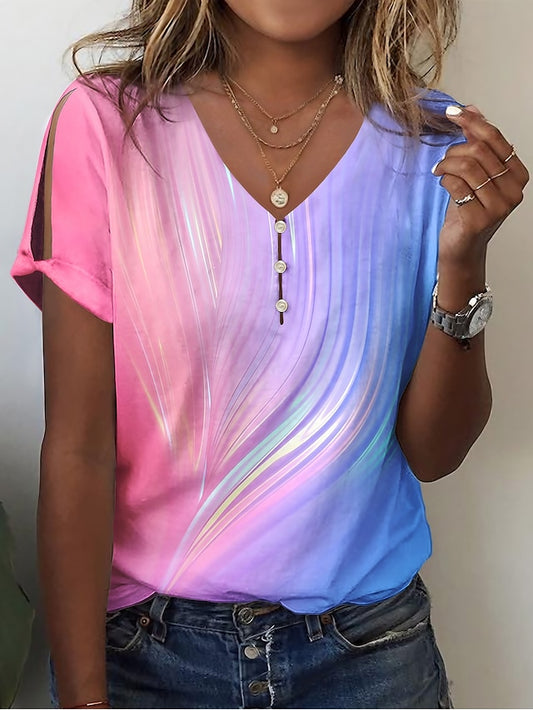 Women's T shirt Tee Ombre Color Gradient Vacation Button Cut Out Pink Short Sleeve Stylish Neon & Bright V Neck Summer