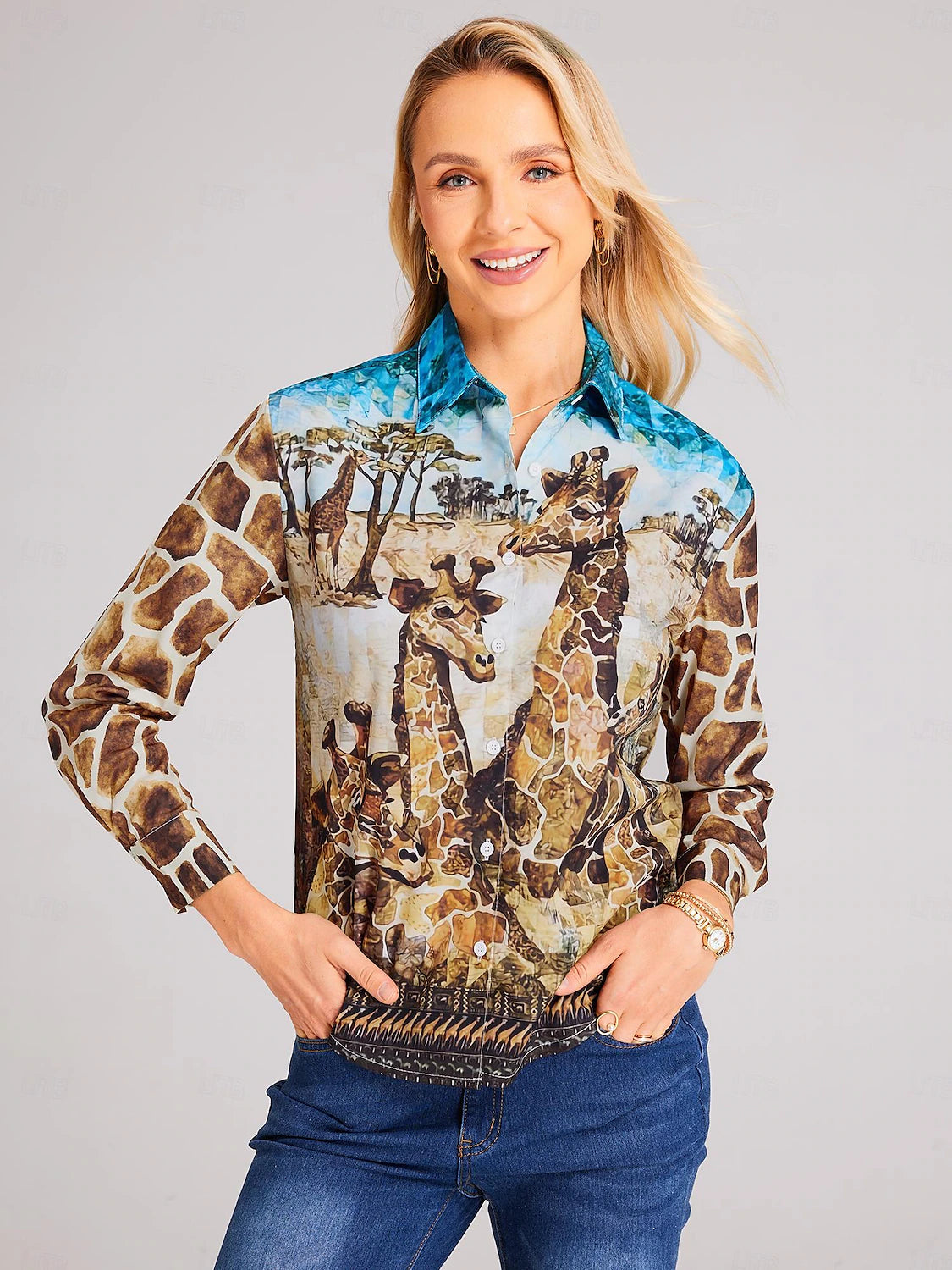 Women's Shirt Blouse Brown Animal Giraffe Button Print Long Sleeve Daily Weekend Basic Shirt Collar Regular S