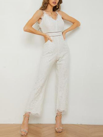 Womenâ€˜s Casual Party Street Holiday Deep V 2023 White Black Wine Jumpsuit Solid Color Zipper - LuckyFash™