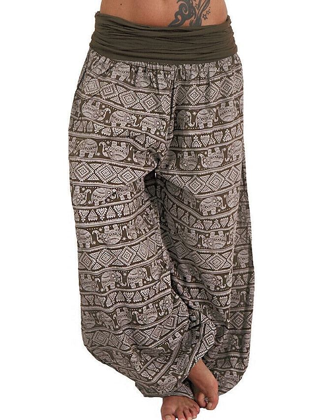 Womenâ€˜s Harem Pants Wide Leg Fold Over Waist Palazzo Bohemia Zumba Belly Dance Yoga Bloomers Bottoms Elephant Hippie Boho Navy ArmyGreen White Plus Size Sports Activewear - LuckyFash™