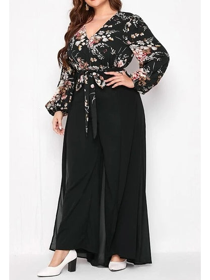 Women's Plus Size Jumpsuit Floral Fashion Modern Vacation Going out Natural Full Length Winter Fall Black L XL XXL 3XL 4XL - LuckyFash™