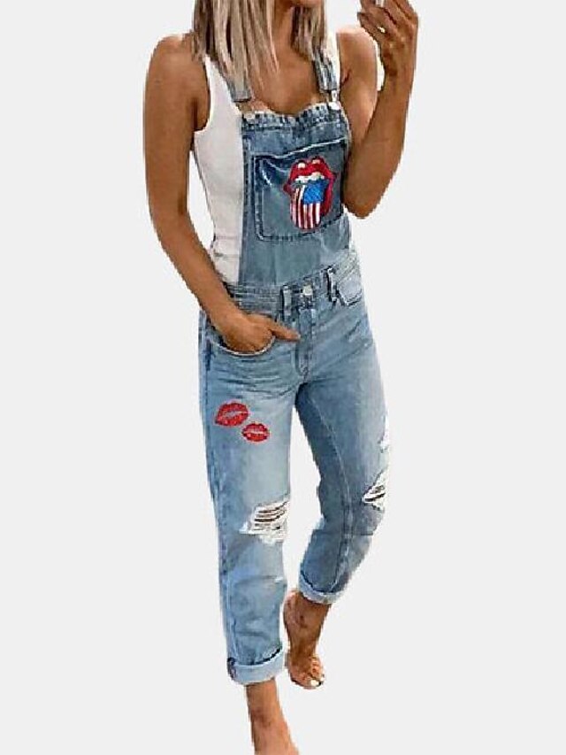 Women's Overall Pocket Ripped National Flag Active Daily Holiday Regular Fit Sleeveless Light color Grey S M L Fall - LuckyFash™