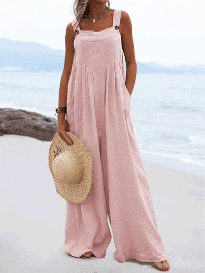 Solid Button Sling Pocket Wide-Leg Jumpsuit