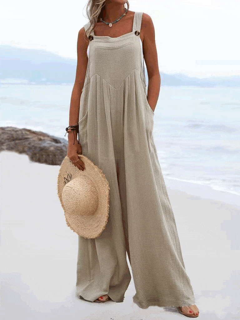 Solid Button Sling Pocket Wide-Leg Jumpsuit