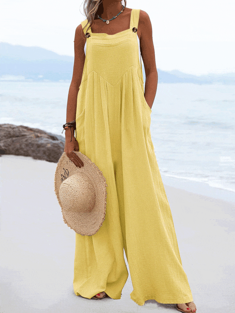 Solid Button Sling Pocket Wide-Leg Jumpsuit