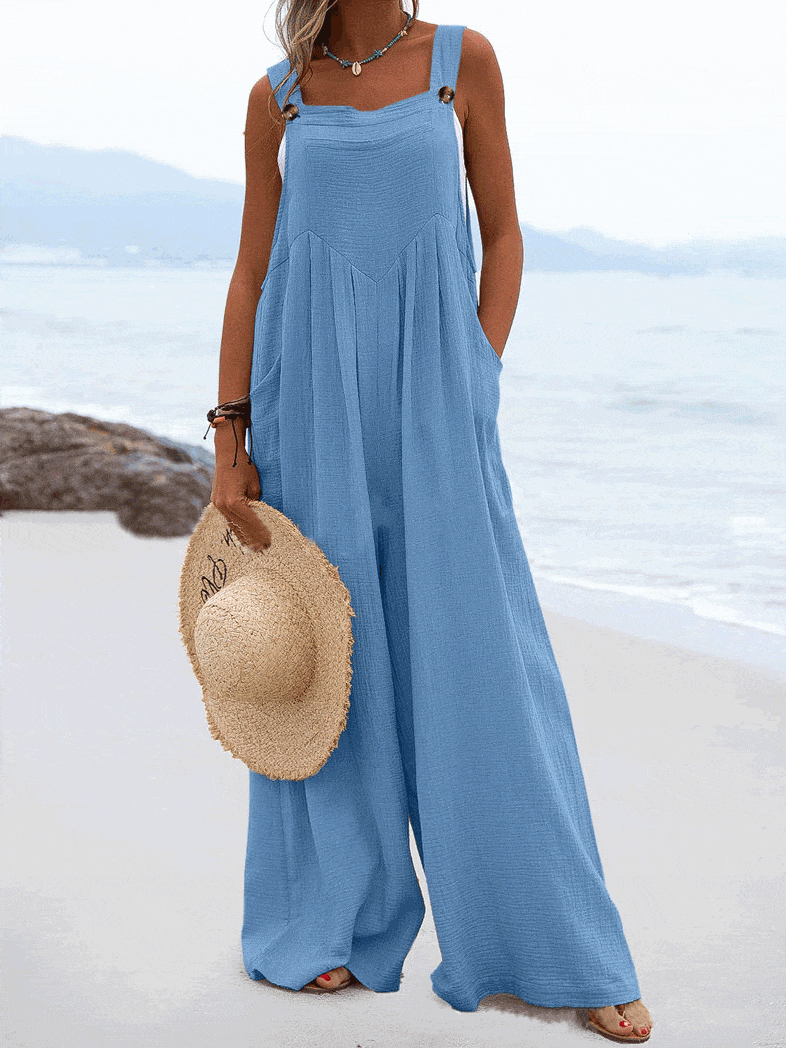 Solid Button Sling Pocket Wide-Leg Jumpsuit