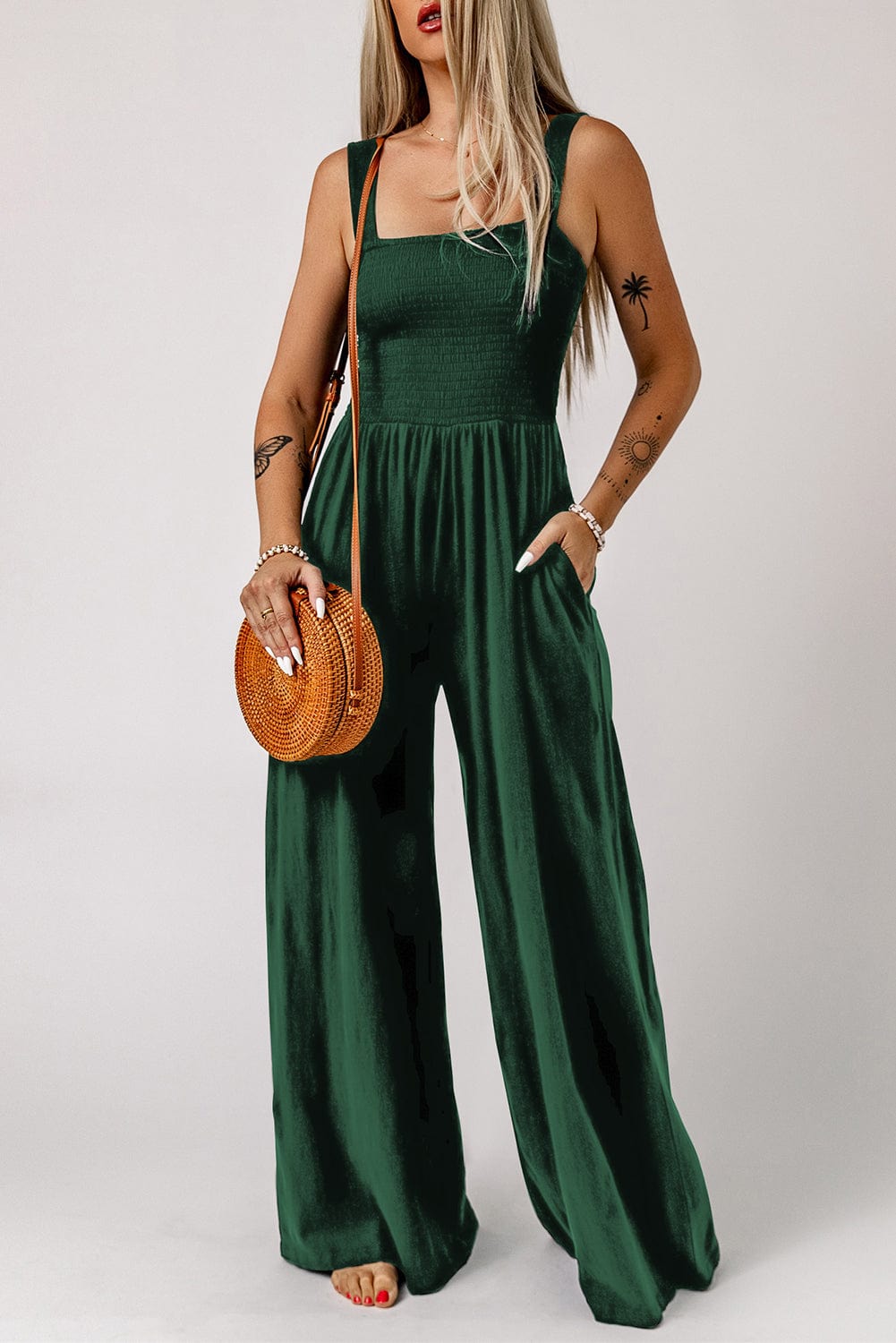 Solid Button Sling Pocket Wide-Leg Jumpsuit