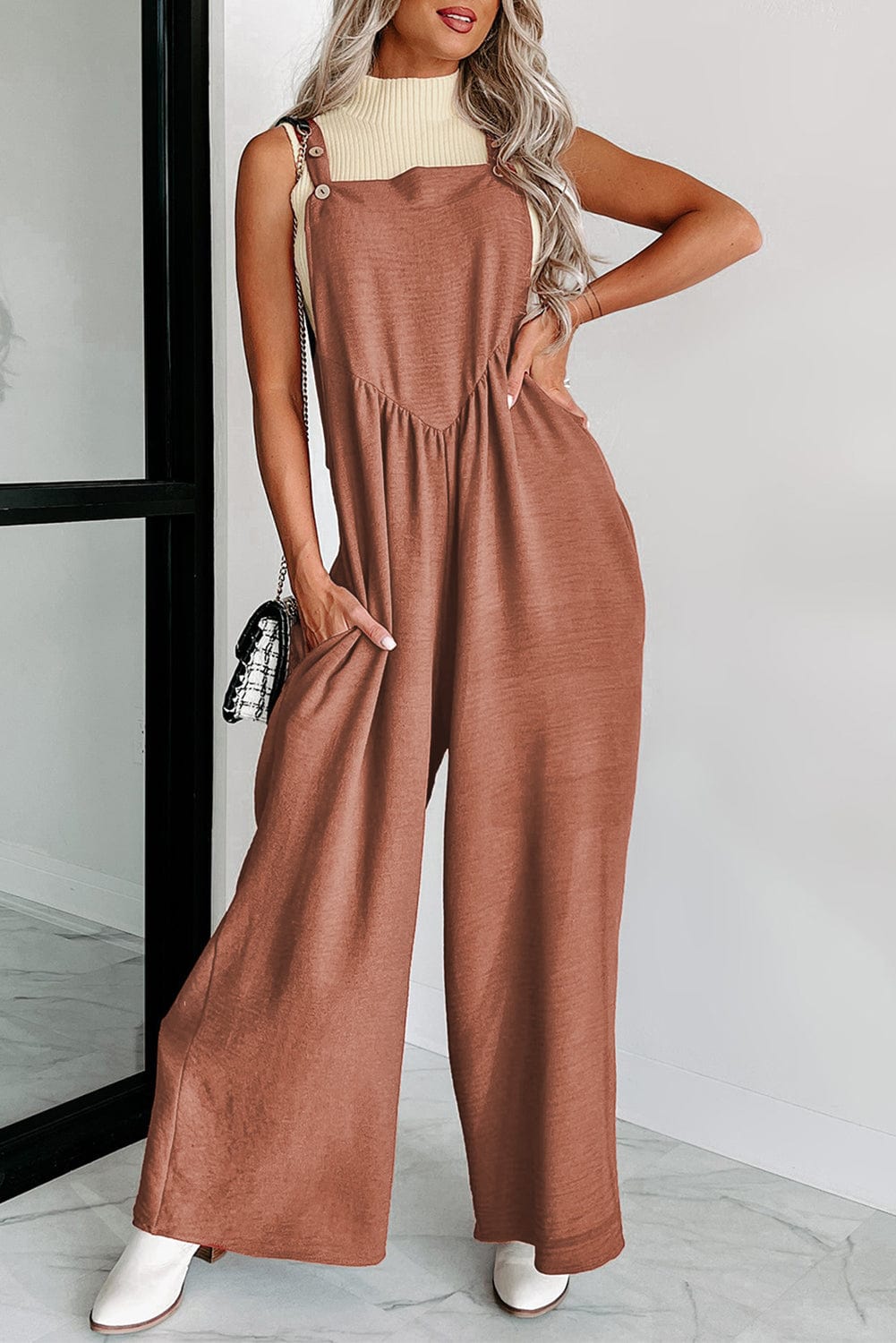 Solid Button Sling Pocket Wide-Leg Jumpsuit