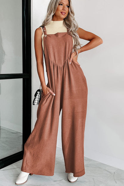 Solid Button Sling Pocket Wide-Leg Jumpsuit