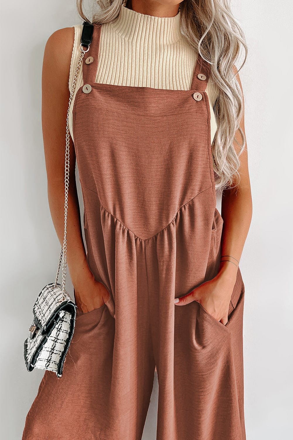 Solid Button Sling Pocket Wide-Leg Jumpsuit