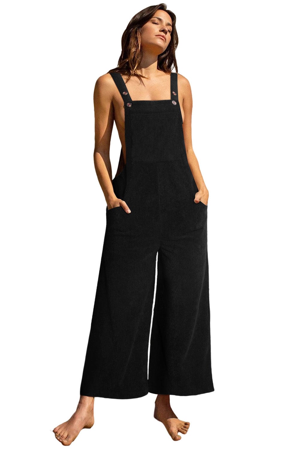 Solid Button Sling Pocket Wide-Leg Jumpsuit