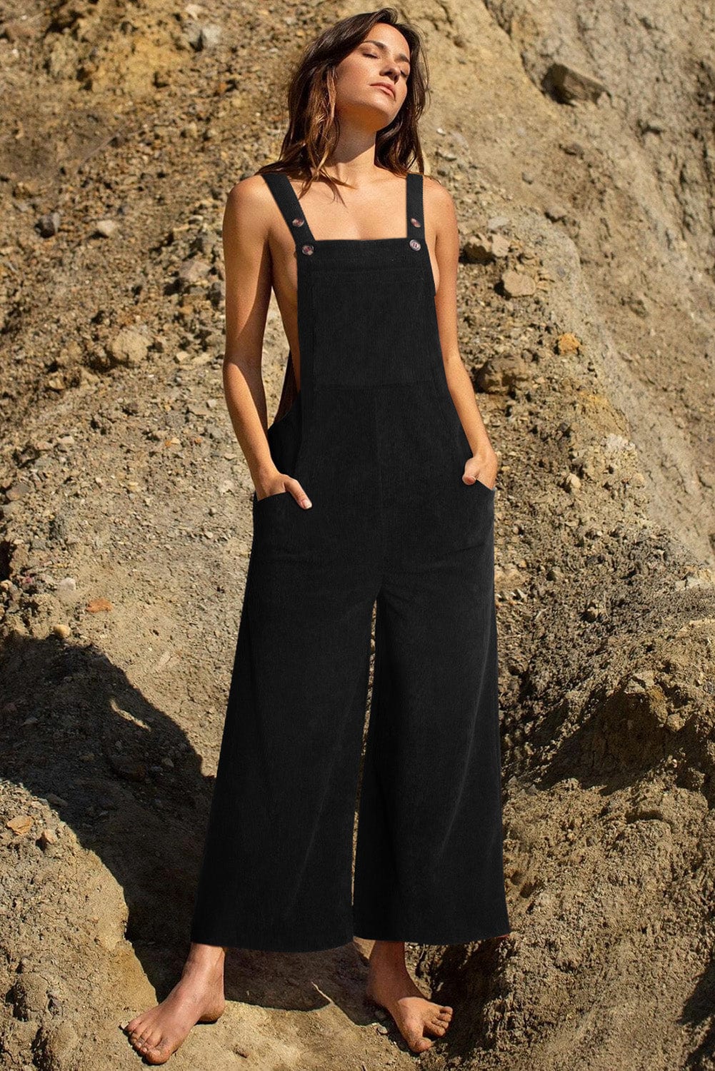 Solid Button Sling Pocket Wide-Leg Jumpsuit