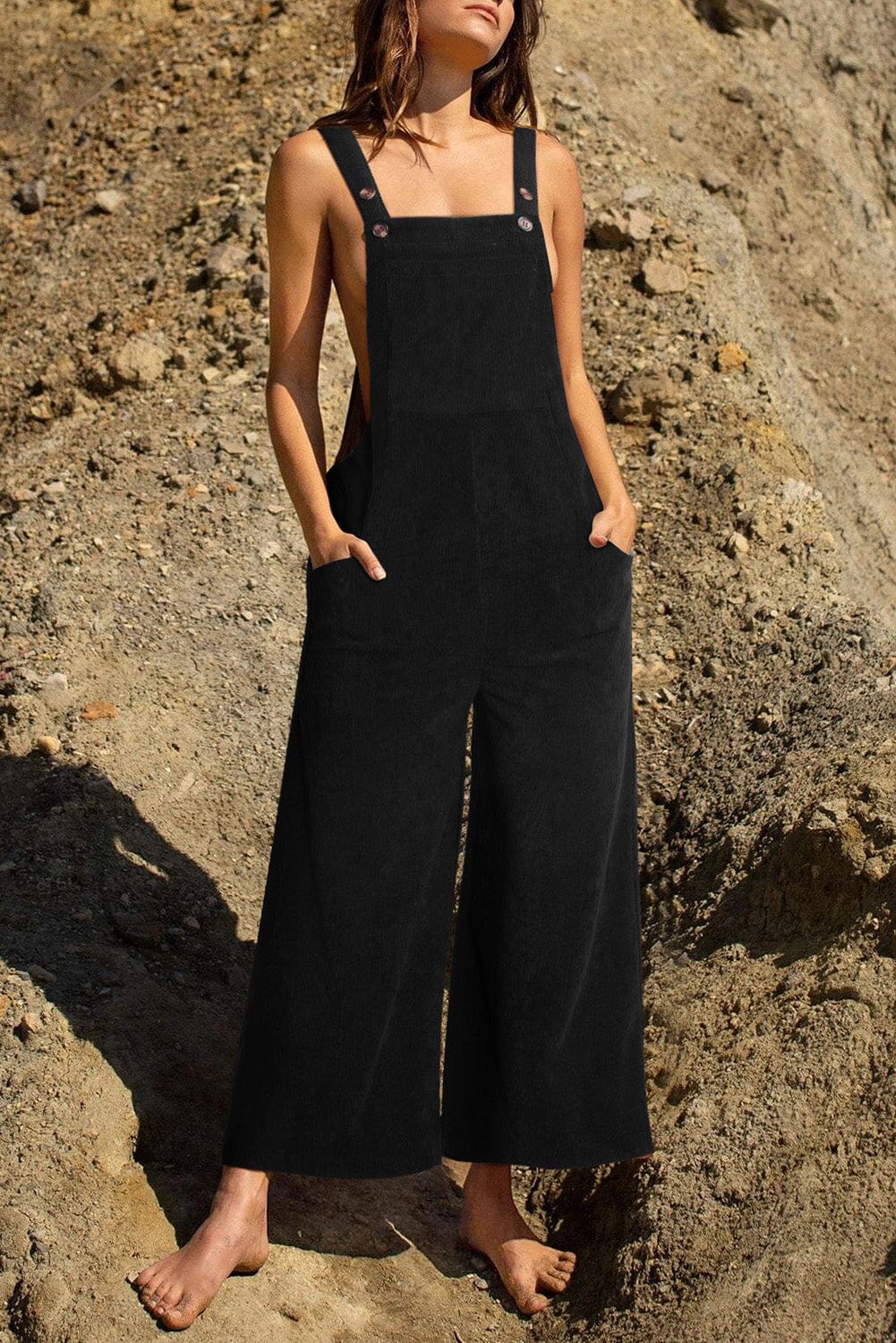 Solid Button Sling Pocket Wide-Leg Jumpsuit