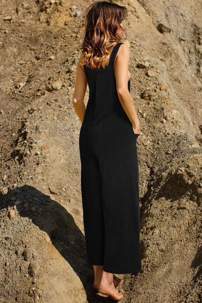 Solid Button Sling Pocket Wide-Leg Jumpsuit