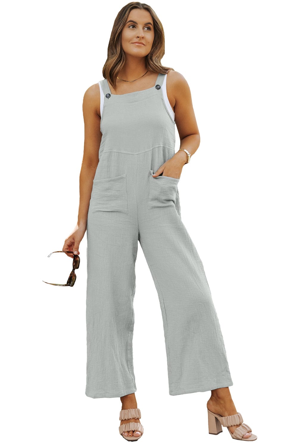 Solid Button Sling Pocket Wide-Leg Jumpsuit