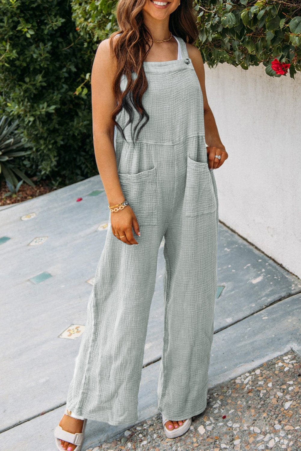 Solid Button Sling Pocket Wide-Leg Jumpsuit