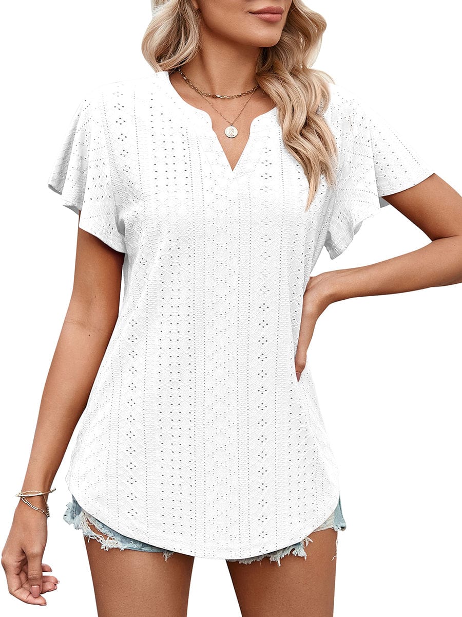 Solid Color Hollow V-Neck Ruffle Sleeve Casual T-Shirt